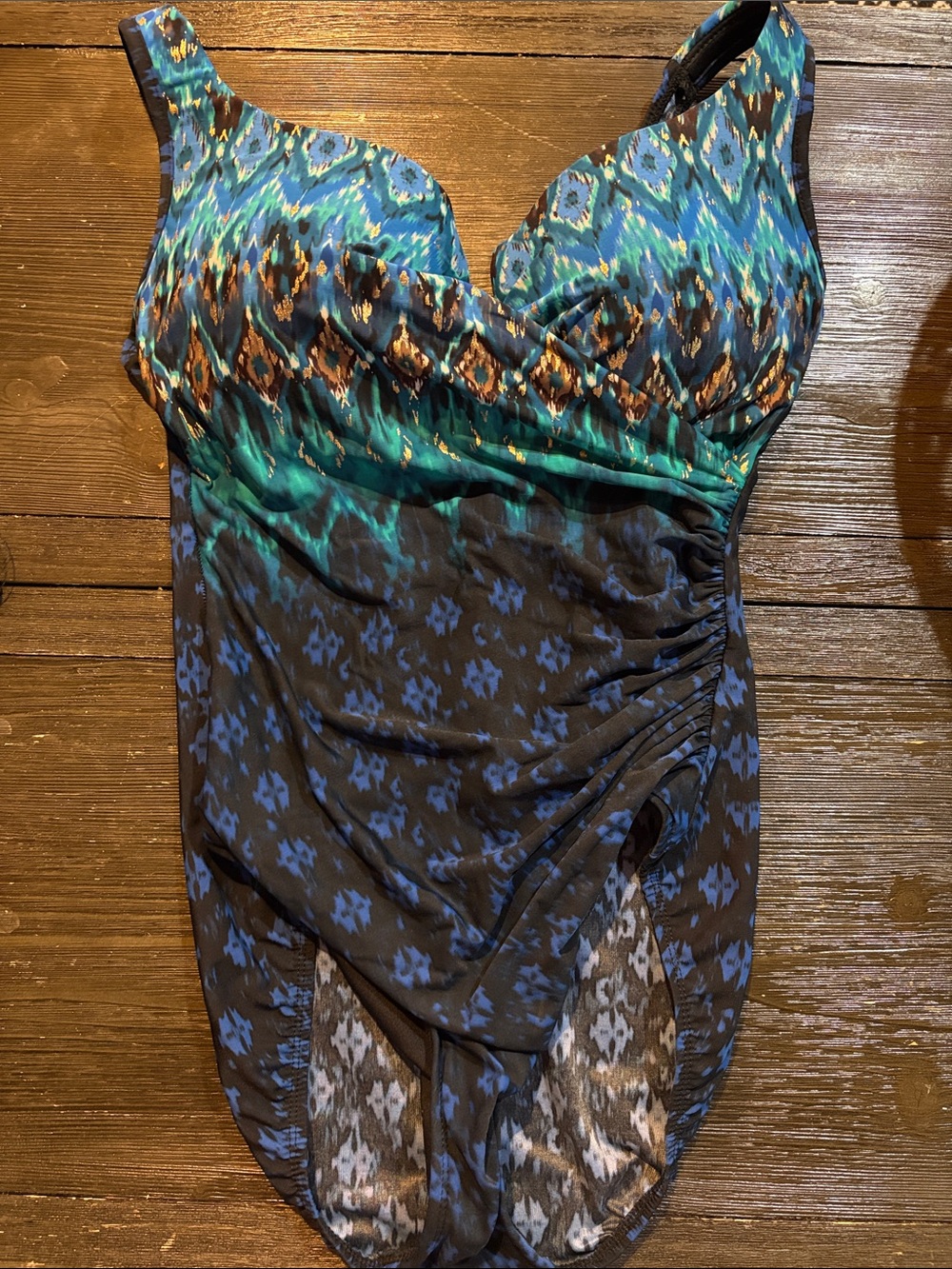 NWOT Miraclesuit Teal, Blue and Black Printed Bodysuit